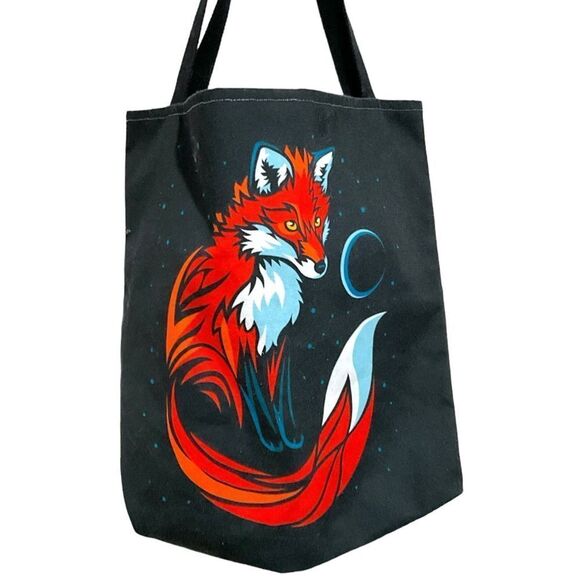 Red Fox on Black Polyester Canvas Tote Bag 18”x18” - Picture 3 of 7